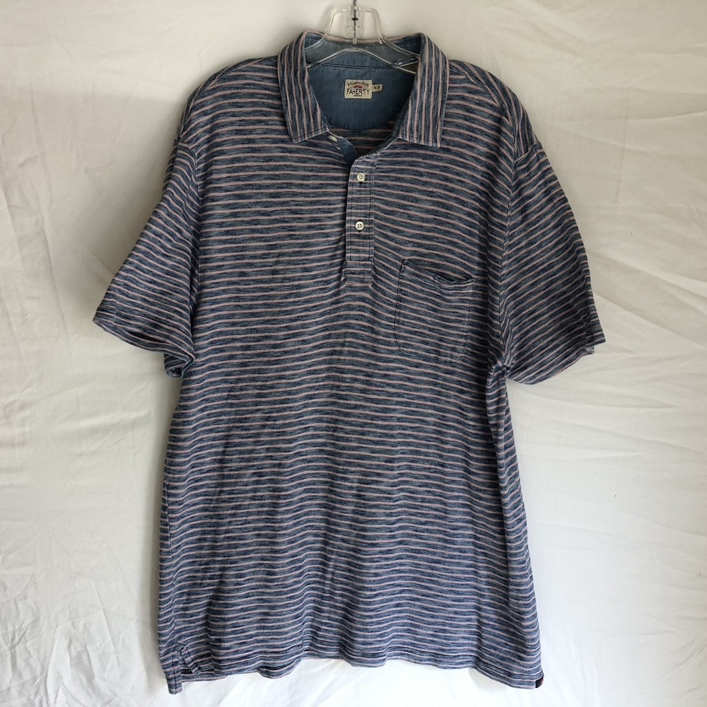 Faherty Polo Shirt Mens XL Blue Pink Stripe Cotton Jersey Casual Short Sleeve